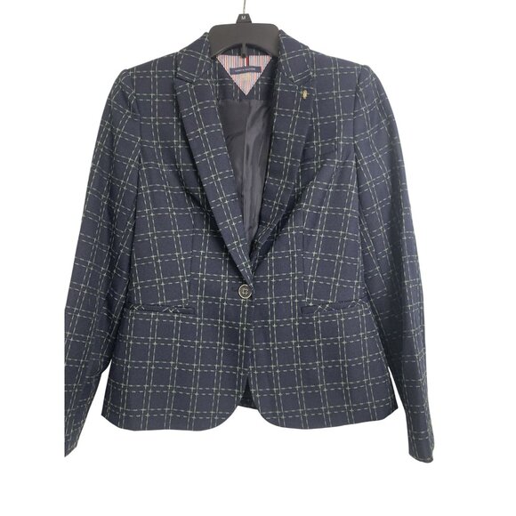 Tommy Hilfiger Jackets & Blazers - Tommy Hilfiger 4 Plaid Cropped Casual Preppy Blazer Jacket Navy Blue